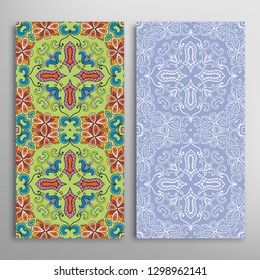Vertical seamless patterns set, floral geometric lace texture for Wedding, Valentine's day, greeting card or Birthday Invitation. Decorative seamless doodle backgrounds. Ethnic ornament border pattern