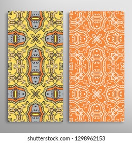 Vertical seamless patterns set, floral geometric lace texture for Wedding, Valentine's day, greeting card or Birthday Invitation. Decorative seamless doodle backgrounds. Ethnic ornament border pattern