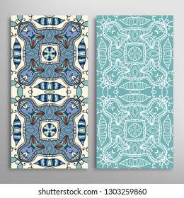 Vertical seamless patterns set, floral geometric lace texture for Wedding, Valentine's day, greeting card or Birthday Invitation. Decorative seamless doodle backgrounds. Ethnic ornament border pattern