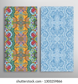 Vertical seamless patterns set, floral geometric lace texture for Wedding, Valentine's day, greeting card or Birthday Invitation. Decorative seamless doodle backgrounds. Ethnic ornament border pattern