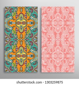 Vertical seamless patterns set, floral geometric lace texture for Wedding, Valentine's day, greeting card or Birthday Invitation. Decorative seamless doodle backgrounds. Ethnic ornament border pattern