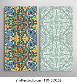Vertical seamless patterns set, floral geometric lace texture for Wedding, Valentine's day, greeting card or Birthday Invitation. Decorative seamless doodle backgrounds. Ethnic ornament border pattern