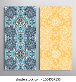 Vertical seamless patterns set, floral geometric lace texture for Wedding, Valentine's day, greeting card or Birthday Invitation. Decorative seamless doodle backgrounds. Ethnic ornament border pattern