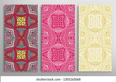 Vertical seamless patterns set, floral geometric doodle texture for Wedding, Valentine's day, greeting card, Birthday Invitation. Hand drawn decorative seamless ornamental backgrounds, lace border