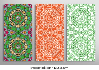 Vertical seamless patterns set, floral geometric doodle texture for Wedding, Valentine's day, greeting card, Birthday Invitation. Hand drawn decorative seamless ornamental backgrounds, lace border