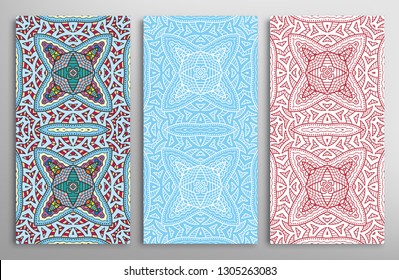 Vertical seamless patterns set, floral geometric doodle texture for Wedding, Valentine's day, greeting card, Birthday Invitation. Hand drawn decorative seamless ornamental backgrounds, lace border