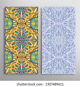 Vertical seamless patterns set, floral geometric lace texture for Wedding, Valentine's day, greeting card or Birthday Invitation. Decorative seamless doodle backgrounds. Ethnic ornament border pattern