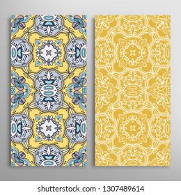 Vertical seamless patterns set, floral geometric lace texture for Wedding, Valentine's day, greeting card or Birthday Invitation. Decorative seamless doodle backgrounds. Ethnic ornament border pattern