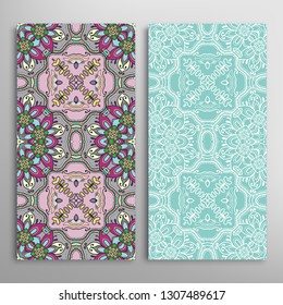 Vertical seamless patterns set, floral geometric lace texture for Wedding, Valentine's day, greeting card or Birthday Invitation. Decorative seamless doodle backgrounds. Ethnic ornament border pattern