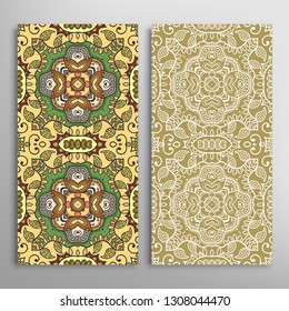 Vertical seamless patterns set, floral geometric lace texture for Wedding, Valentine's day, greeting card or Birthday Invitation. Decorative seamless doodle backgrounds. Ethnic ornament border pattern