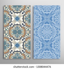 Vertical seamless patterns set, floral geometric lace texture for Wedding, Valentine's day, greeting card or Birthday Invitation. Decorative seamless doodle backgrounds. Ethnic ornament border pattern