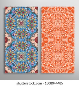 Vertical seamless patterns set, floral geometric lace texture for Wedding, Valentine's day, greeting card or Birthday Invitation. Decorative seamless doodle backgrounds. Ethnic ornament border pattern