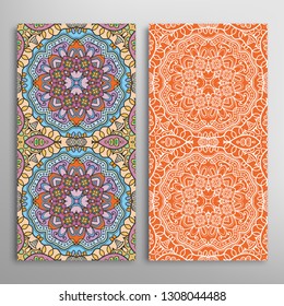 Vertical seamless patterns set, floral geometric lace texture for Wedding, Valentine's day, greeting card or Birthday Invitation. Decorative seamless doodle backgrounds. Ethnic ornament border pattern