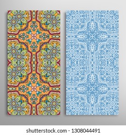 Vertical seamless patterns set, floral geometric lace texture for Wedding, Valentine's day, greeting card or Birthday Invitation. Decorative seamless doodle backgrounds. Ethnic ornament border pattern