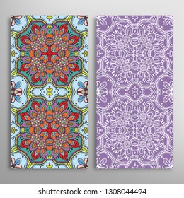 Vertical seamless patterns set, floral geometric lace texture for Wedding, Valentine's day, greeting card or Birthday Invitation. Decorative seamless doodle backgrounds. Ethnic ornament border pattern