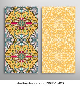 Vertical seamless patterns set, floral geometric lace texture for Wedding, Valentine's day, greeting card or Birthday Invitation. Decorative seamless doodle backgrounds. Ethnic ornament border pattern