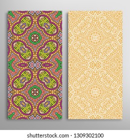 Vertical seamless patterns set, floral geometric lace texture for Wedding, Valentine's day, greeting card or Birthday Invitation. Decorative seamless doodle backgrounds. Ethnic ornament border pattern