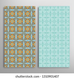 Vertical seamless patterns set, floral geometric lace texture for Wedding, Valentine's day, greeting card or Birthday Invitation. Decorative seamless doodle backgrounds. Ethnic ornament border pattern