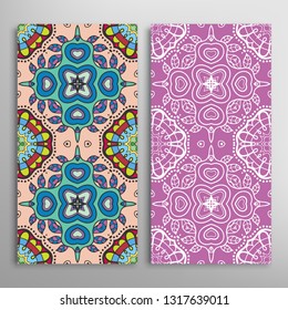 Vertical seamless patterns set, floral geometric lace texture for Wedding, Valentine's day, greeting card or Birthday Invitation. Decorative seamless doodle backgrounds. Ethnic ornament border pattern