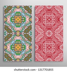 Vertical seamless patterns set, floral geometric lace texture for Wedding, Valentine's day, greeting card or Birthday Invitation. Decorative seamless doodle backgrounds. Ethnic ornament border pattern