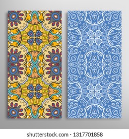 Vertical seamless patterns set, floral geometric lace texture for Wedding, Valentine's day, greeting card or Birthday Invitation. Decorative seamless doodle backgrounds. Ethnic ornament border pattern