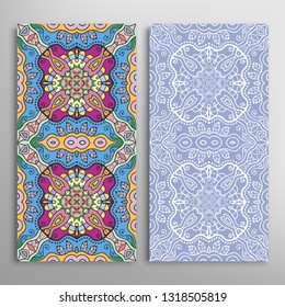 Vertical seamless patterns set, floral geometric lace texture for Wedding, Valentine's day, greeting card or Birthday Invitation. Decorative seamless doodle backgrounds. Ethnic ornament border pattern