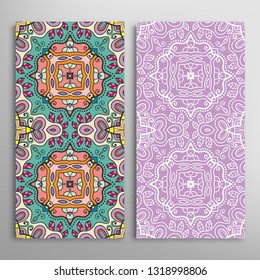 Vertical seamless patterns set, floral geometric lace texture for Wedding, Valentine's day, greeting card or Birthday Invitation. Decorative seamless doodle backgrounds. Ethnic ornament border pattern