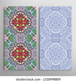 Vertical seamless patterns set, floral geometric lace texture for Wedding, Valentine's day, greeting card or Birthday Invitation. Decorative seamless doodle backgrounds. Ethnic ornament border pattern