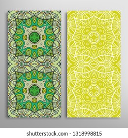 Vertical seamless patterns set, floral geometric lace texture for Wedding, Valentine's day, greeting card or Birthday Invitation. Decorative seamless doodle backgrounds. Ethnic ornament border pattern