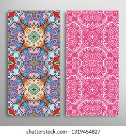 Vertical seamless patterns set, floral geometric lace texture for Wedding, Valentine's day, greeting card or Birthday Invitation. Decorative seamless doodle backgrounds. Ethnic ornament border pattern
