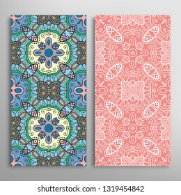 Vertical seamless patterns set, floral geometric lace texture for Wedding, Valentine's day, greeting card or Birthday Invitation. Decorative seamless doodle backgrounds. Ethnic ornament border pattern