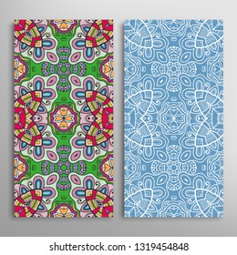Vertical seamless patterns set, floral geometric lace texture for Wedding, Valentine's day, greeting card or Birthday Invitation. Decorative seamless doodle backgrounds. Ethnic ornament border pattern
