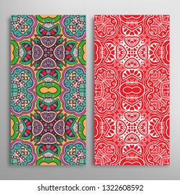 Vertical seamless patterns set, floral geometric lace texture for Wedding, Valentine's day, greeting card or Birthday Invitation. Decorative seamless doodle backgrounds. Ethnic ornament border pattern