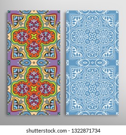 Vertical seamless patterns set, floral geometric lace texture for Wedding, Valentine's day, greeting card or Birthday Invitation. Decorative seamless doodle backgrounds. Ethnic ornament border pattern