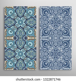 Vertical seamless patterns set, floral geometric lace texture for Wedding, Valentine's day, greeting card or Birthday Invitation. Decorative seamless doodle backgrounds. Ethnic ornament border pattern