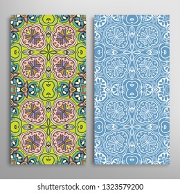 Vertical seamless patterns set, floral geometric lace texture for Wedding, Valentine's day, greeting card or Birthday Invitation. Decorative seamless doodle backgrounds. Ethnic ornament border pattern