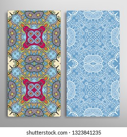 Vertical seamless patterns set, floral geometric lace texture for Wedding, Valentine's day, greeting card or Birthday Invitation. Decorative seamless doodle backgrounds. Ethnic ornament border pattern