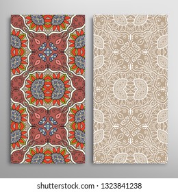 Vertical seamless patterns set, floral geometric lace texture for Wedding, Valentine's day, greeting card or Birthday Invitation. Decorative seamless doodle backgrounds. Ethnic ornament border pattern