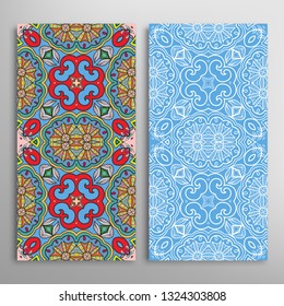 Vertical seamless patterns set, floral geometric lace texture for Wedding, Valentine's day, greeting card or Birthday Invitation. Decorative seamless doodle backgrounds. Ethnic ornament border pattern