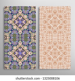 Vertical seamless patterns set, floral geometric lace texture for Wedding, Valentine's day, greeting card or Birthday Invitation. Decorative seamless doodle backgrounds. Ethnic ornament border pattern