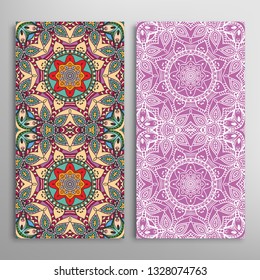 Vertical seamless patterns set, floral geometric lace texture for Wedding, Valentine's day, greeting card or Birthday Invitation. Decorative seamless doodle backgrounds. Ethnic ornament border pattern