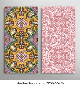 Vertical seamless patterns set, floral geometric lace texture for Wedding, Valentine's day, greeting card or Birthday Invitation. Decorative seamless doodle backgrounds. Ethnic ornament border pattern