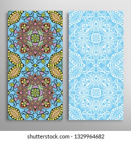 Vertical seamless patterns set, floral geometric lace texture for Wedding, Valentine's day, greeting card or Birthday Invitation. Decorative seamless doodle backgrounds. Ethnic ornament border pattern