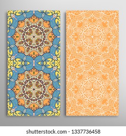 Vertical seamless patterns set, floral geometric lace texture for Wedding, Valentine's day, greeting card or Birthday Invitation. Decorative seamless doodle backgrounds. Ethnic ornament border pattern