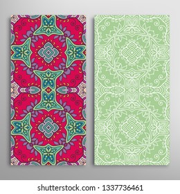 Vertical seamless patterns set, floral geometric lace texture for Wedding, Valentine's day, greeting card or Birthday Invitation. Decorative seamless doodle backgrounds. Ethnic ornament border pattern