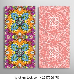 Vertical seamless patterns set, floral geometric lace texture for Wedding, Valentine's day, greeting card or Birthday Invitation. Decorative seamless doodle backgrounds. Ethnic ornament border pattern