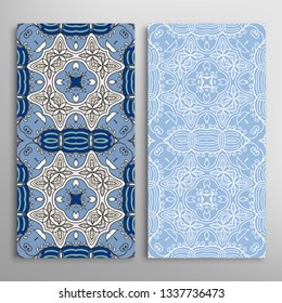 Vertical seamless patterns set, floral geometric lace texture for Wedding, Valentine's day, greeting card or Birthday Invitation. Decorative seamless doodle backgrounds. Ethnic ornament border pattern