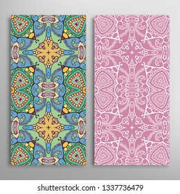 Vertical seamless patterns set, floral geometric lace texture for Wedding, Valentine's day, greeting card or Birthday Invitation. Decorative seamless doodle backgrounds. Ethnic ornament border pattern