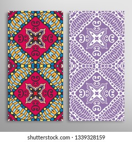 Vertical seamless patterns set, floral geometric lace texture for Wedding, Valentine's day, greeting card or Birthday Invitation. Decorative seamless doodle backgrounds. Ethnic ornament border pattern