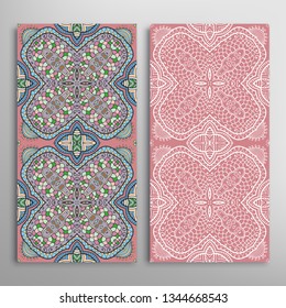 Vertical seamless patterns set, floral geometric lace texture for Wedding, Valentine's day, greeting card or Birthday Invitation. Decorative seamless doodle backgrounds. Ethnic ornament border pattern